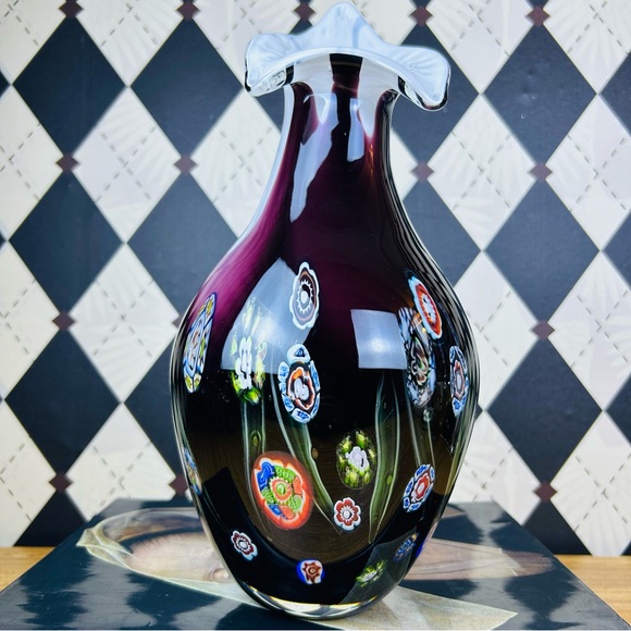 Amethyst Art Glass Vase Millefiori Floral Sculptural Vintage Décor 13” & 6lbs